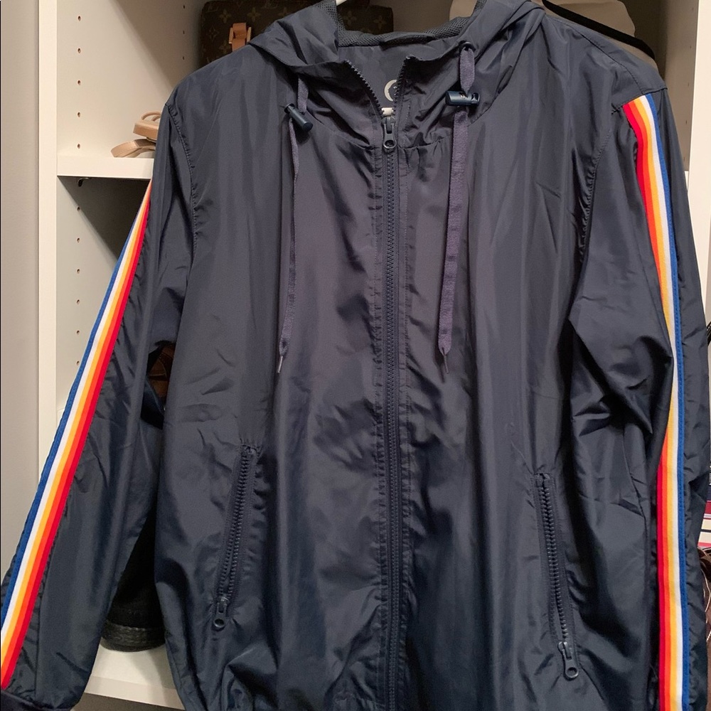 ZYIA Navy Bomber Jacket with Rainbow Stripes